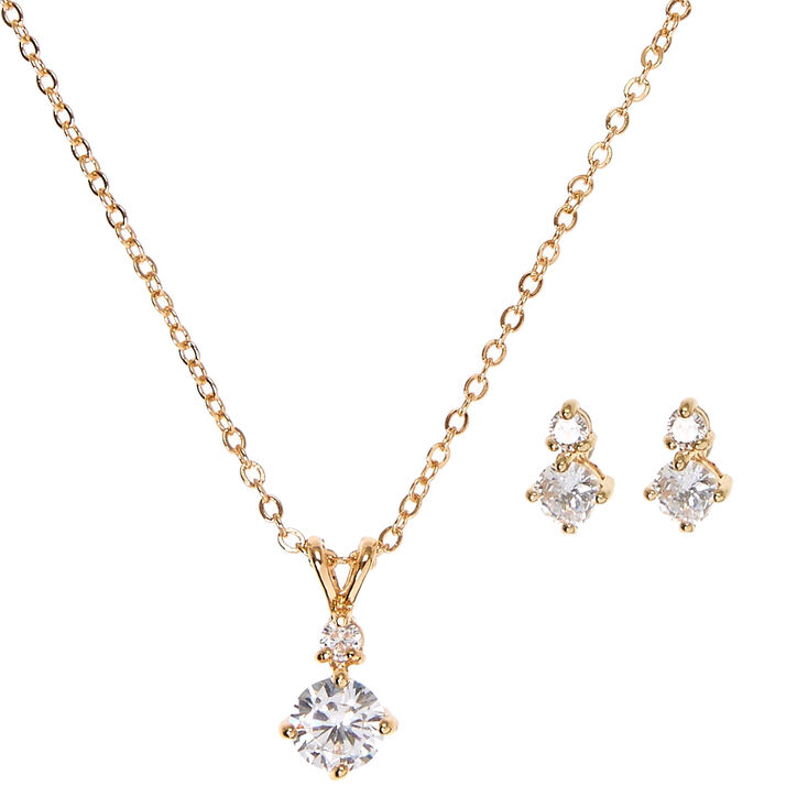 Goldtone Cubic Zirconia Diamond Drop Pendant Necklace & Earrings Set