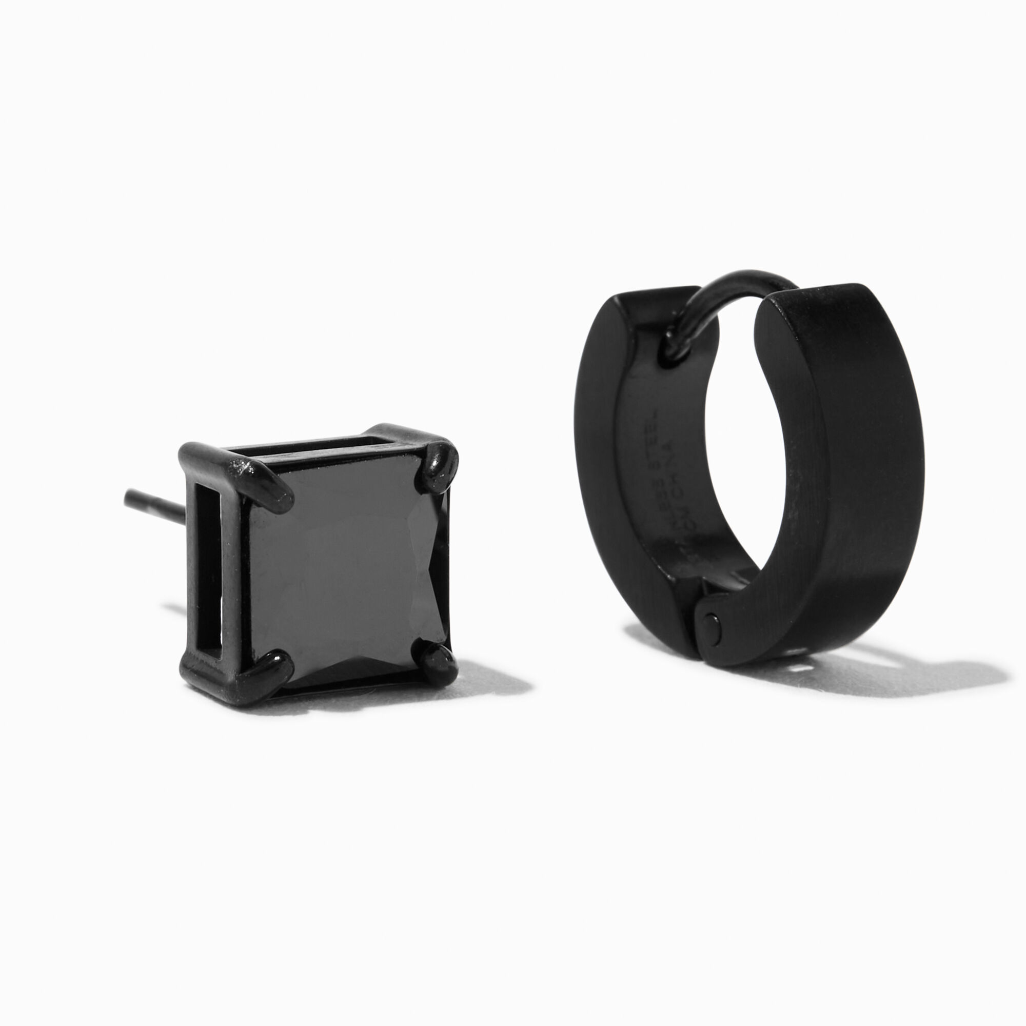 View Claires Stainless Steel Huggie Hoop 7MM Cubic Zirconia Round Stud Earrings Black information