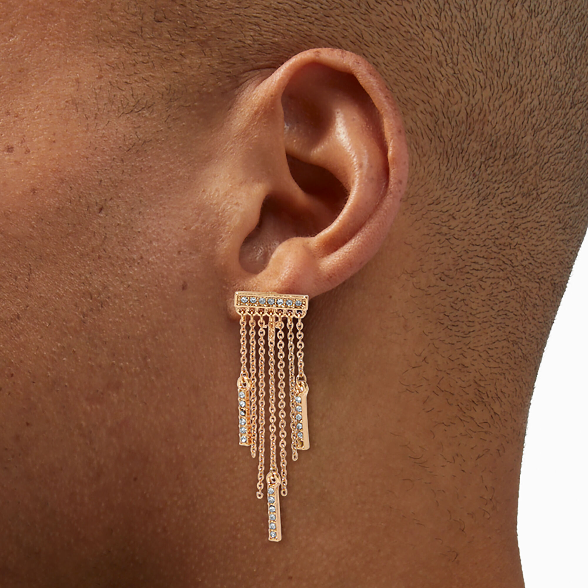 Gold-tone Crystal Bar Fringe Clip-On Drop Earrings,