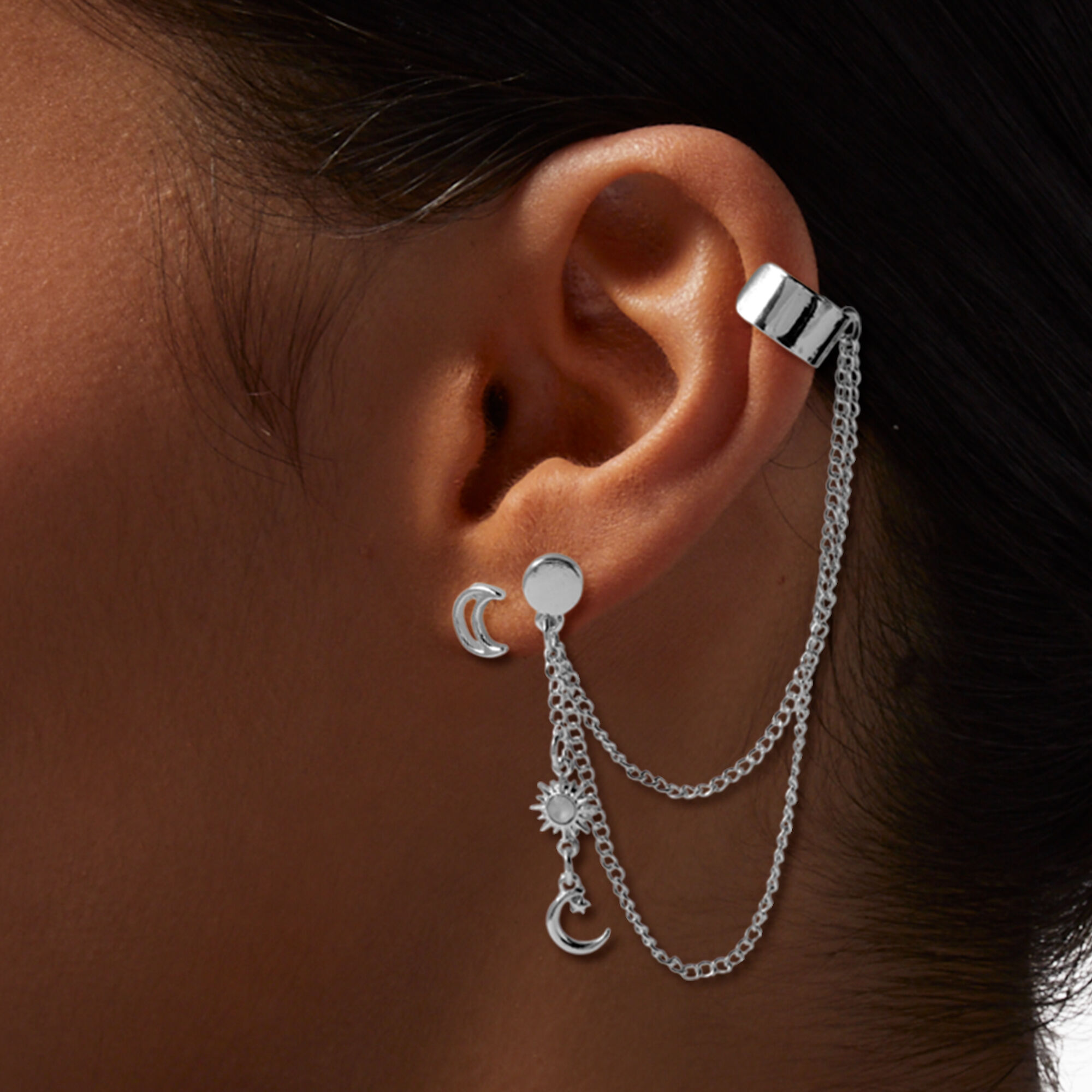 Silver tone Stars Moons Chain Ear Cuff Connector Stack Earrings Claire s