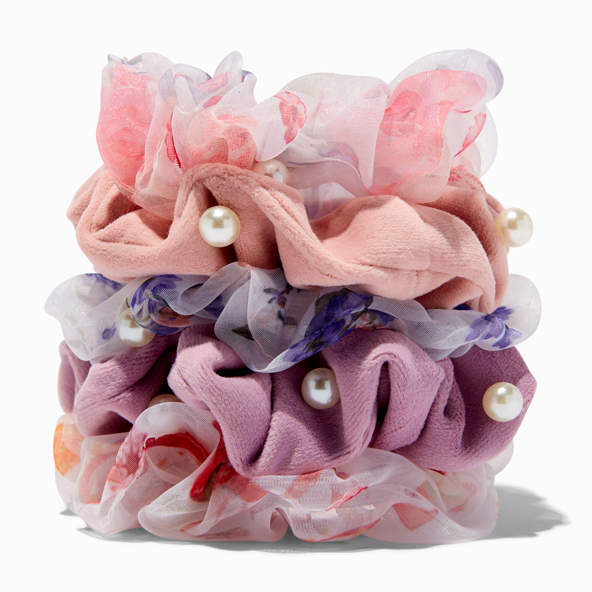 View Claires Sheer Floral Pearl Pastel Hair Scrunchies 5 Pack White information