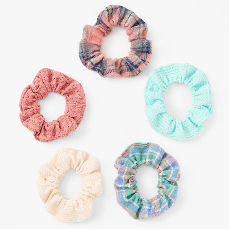 Pastel Plaids and Solids Ribbed Knit Hair Scrunchies - 5 Pack,