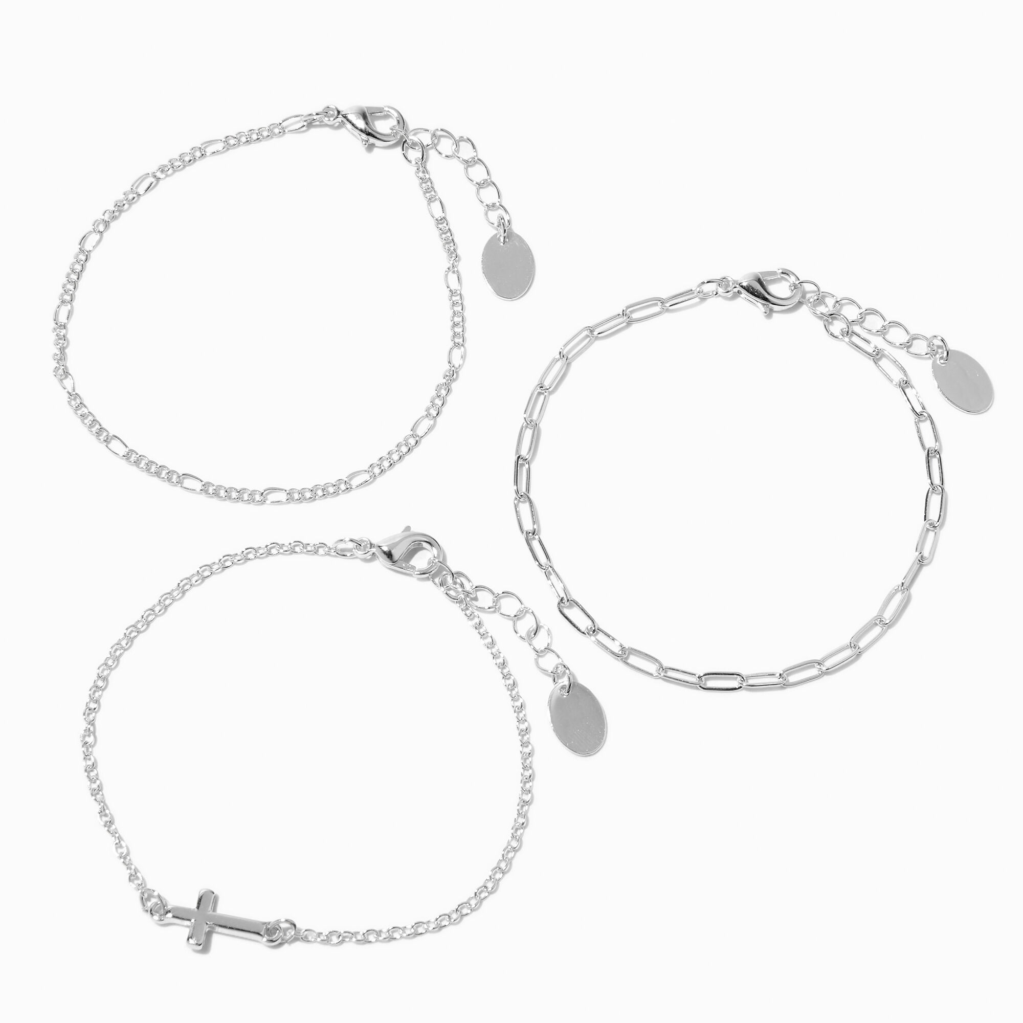 View Claires Recycled Jewelry Tone Cross Chain Bracelets 3 Pack Silver information