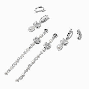 Silver-tone Bow Pearl Earring Stackables Set - 3 Pack,