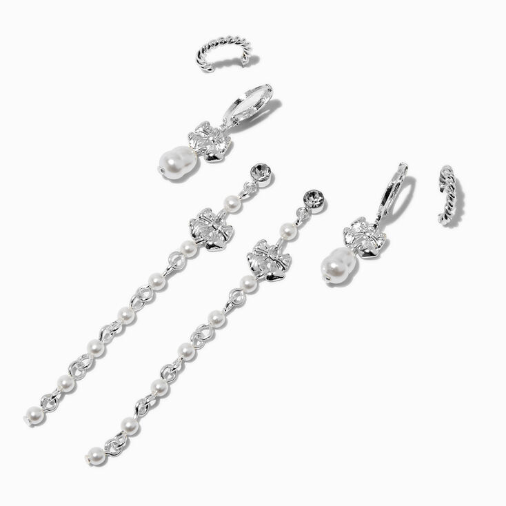 Silver-tone Bow Pearl Earring Stackables Set - 3 Pack,