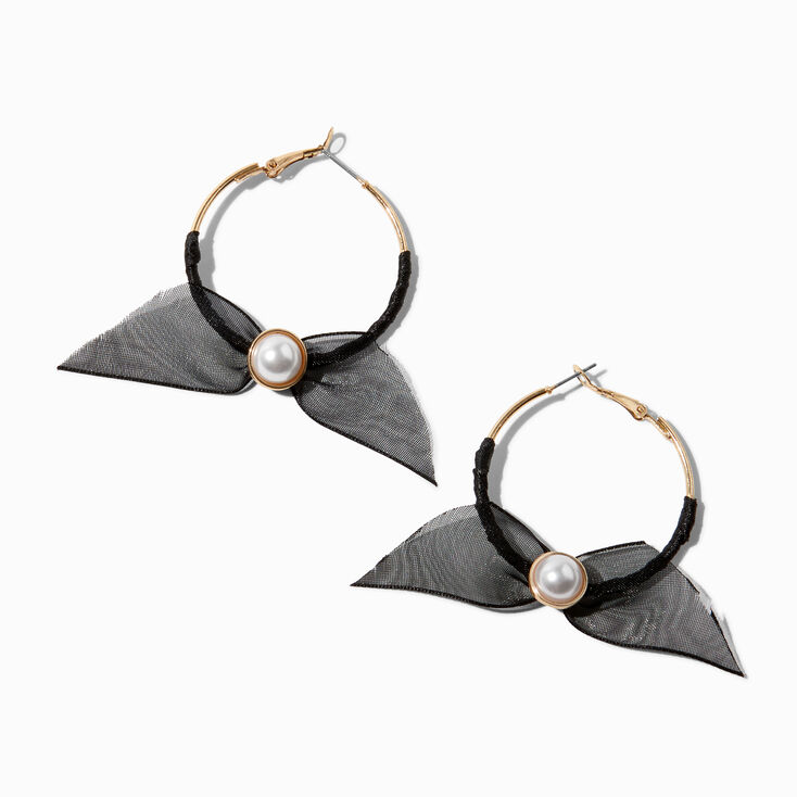 Black Organza Bow Gold-tone 30mm Hoop Earrings ,