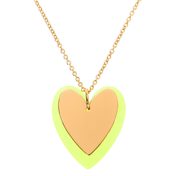 Claire's Collier long à pendentif double cœur fluo couleur doré - Jaune