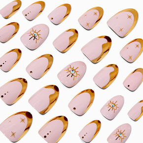 Gold Celestial French Tip Short Almond Vegan Faux Nail Set - 24 Pack,