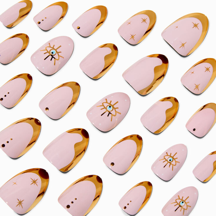 Gold Celestial French Tip Short Almond Vegan Faux Nail Set - 24 Pack,