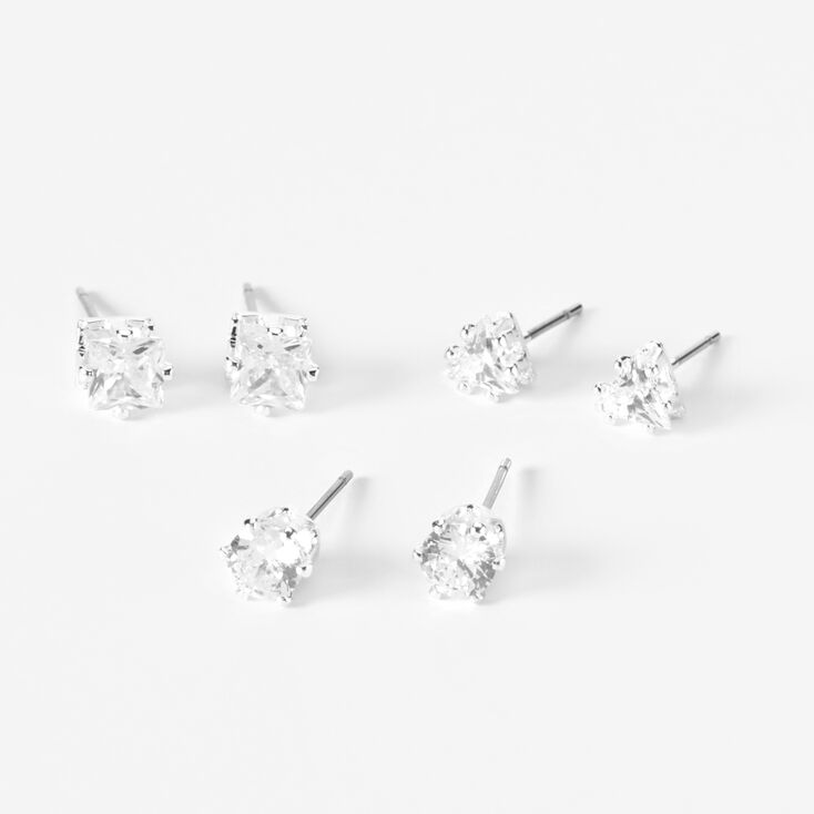 Silver-tone Cubic Zirconia Round Stud Earrings - 3 Pack,