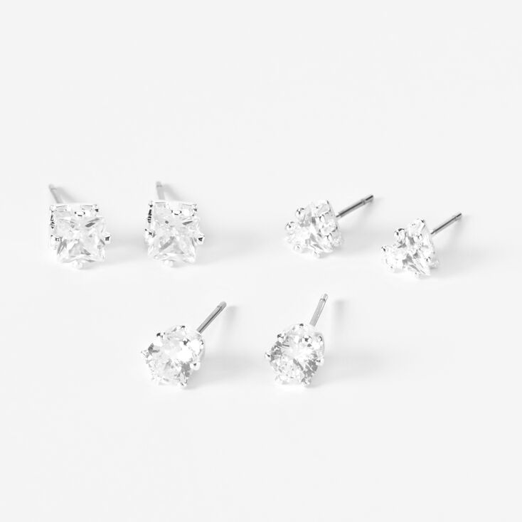 Silver Cubic Zirconia 5MM Round Stud Earrings - 3 Pack,