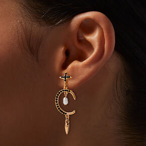 Gold-tone Cross Moon Dagger Clip-On Drop Earrings ,