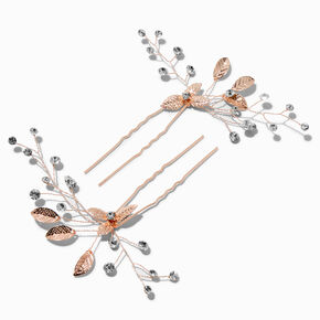 Rhinestone &amp; Rose Gold-tone Leaf Spray Hair Pins - 2 Pack,