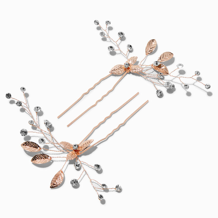 Rhinestone &amp; Rose Gold-tone Leaf Spray Hair Pins - 2 Pack,