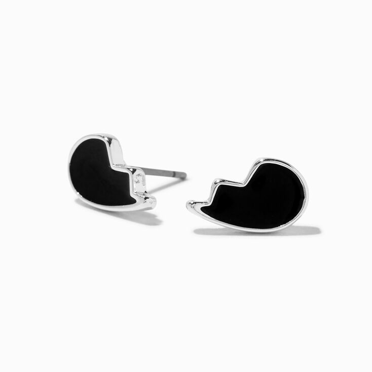 Silver-tone Black Broken Heart Stud Earrings ,