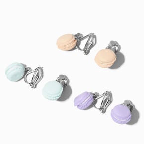 Silver-tone 1&quot; Macaron Clip-On Drop Earrings - 3 Pack,