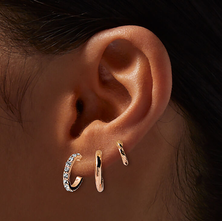 Rose Gold-tone Graduated Embellished Huggie Hoop Earring Stackables Set - 3 Pack,