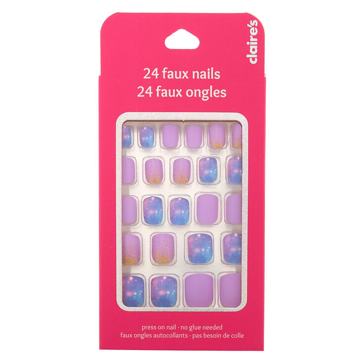 Space Glitter Square Press On Faux Nail Set - Purple, 24 Pack,