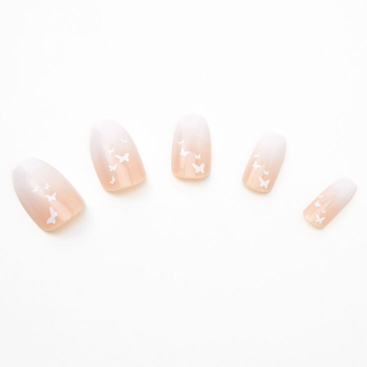 Nude Ombre Butterflies Coffin Faux Nails - 24 Pack,