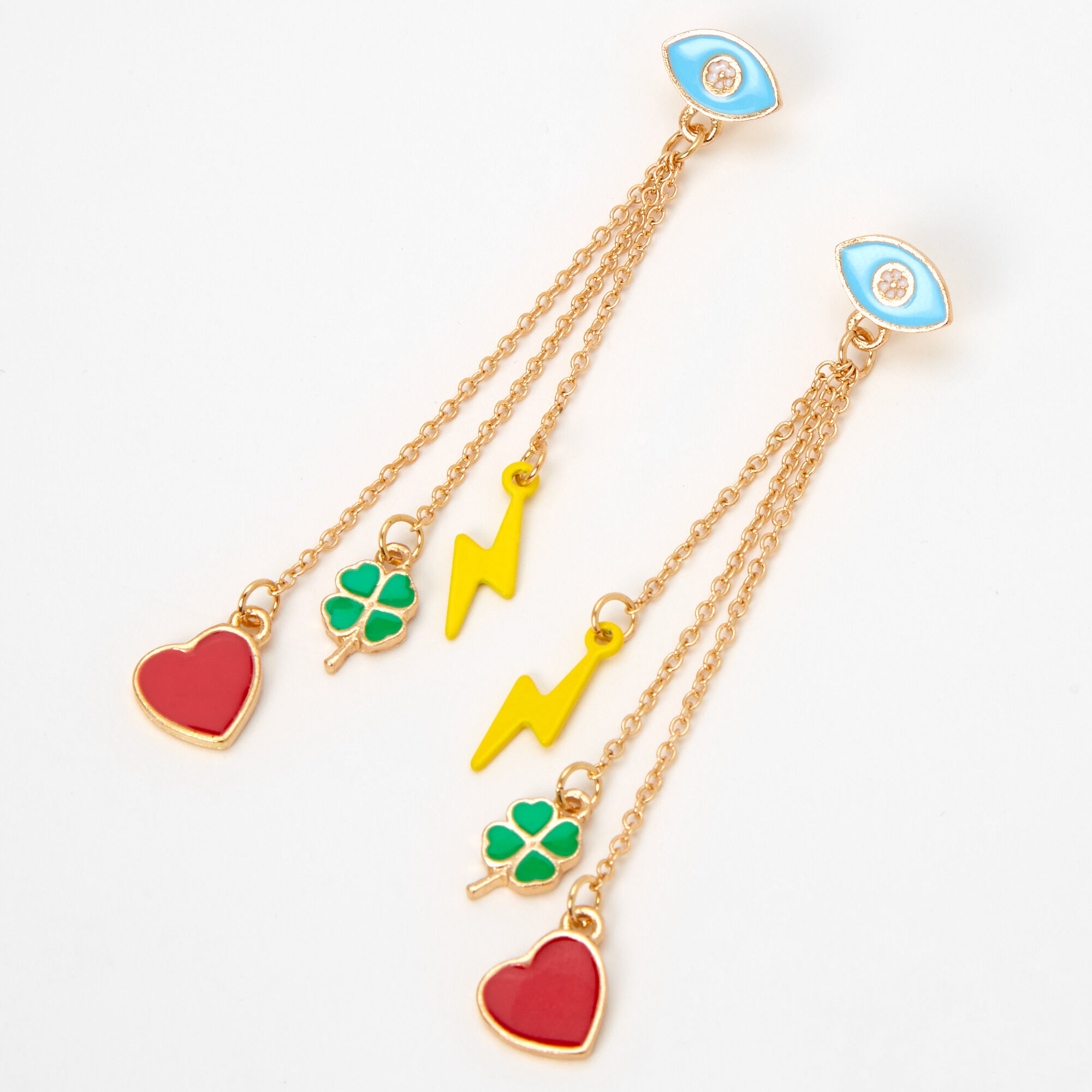 Gold Turquoise Evil Eye Heart Lightning Drop Earrings,