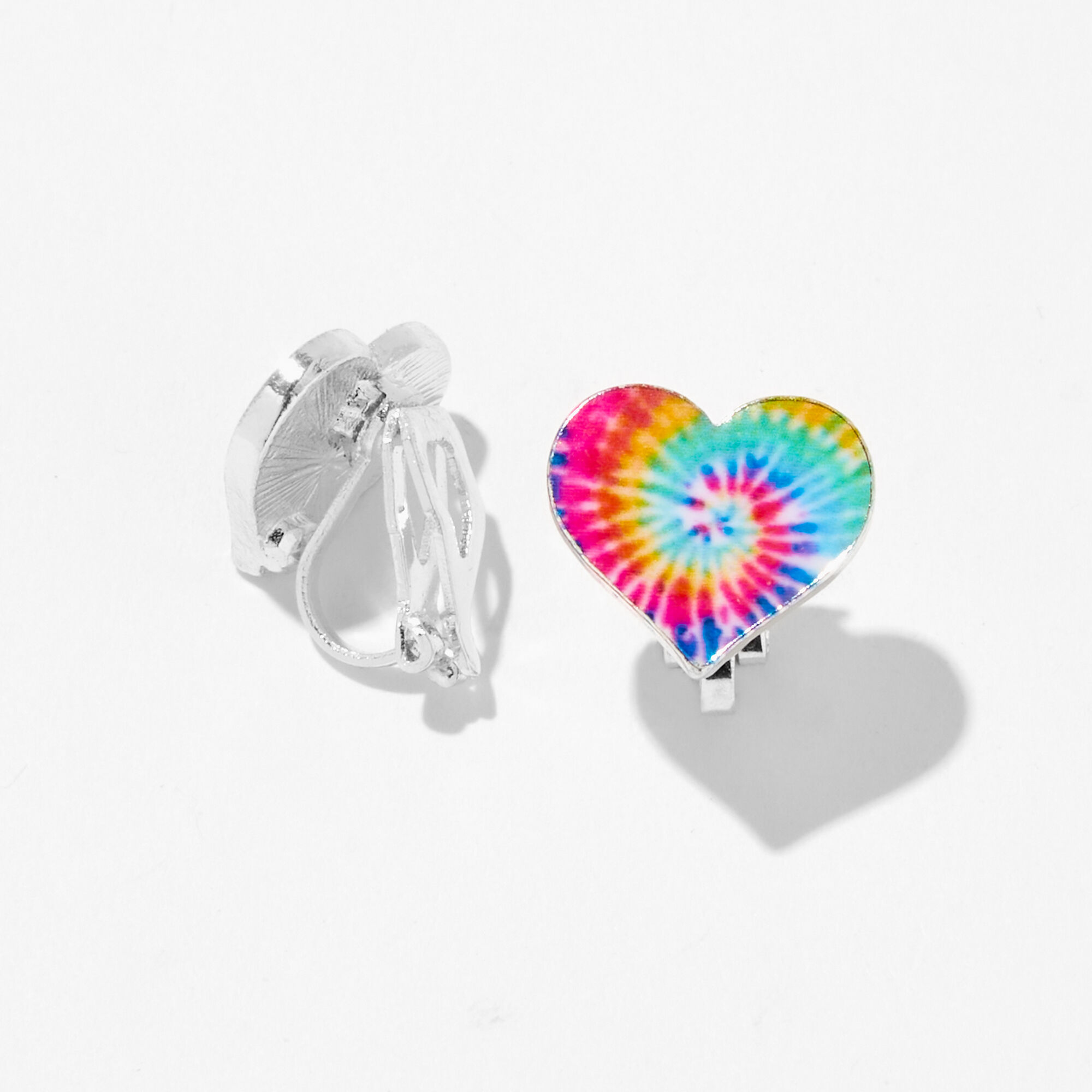 View Claires Rainbow Tie Dye Heart Clip On Earrings Silver information