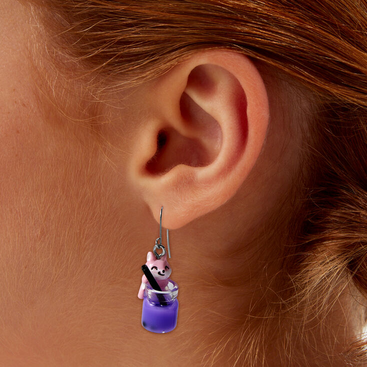 Pink Corgi Purple Bubble Tea 1&quot; Drop Earrings,