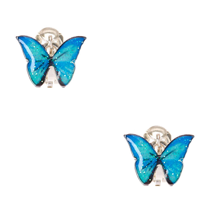Silver Glitter Butterfly Clip On Earrings - Blue,