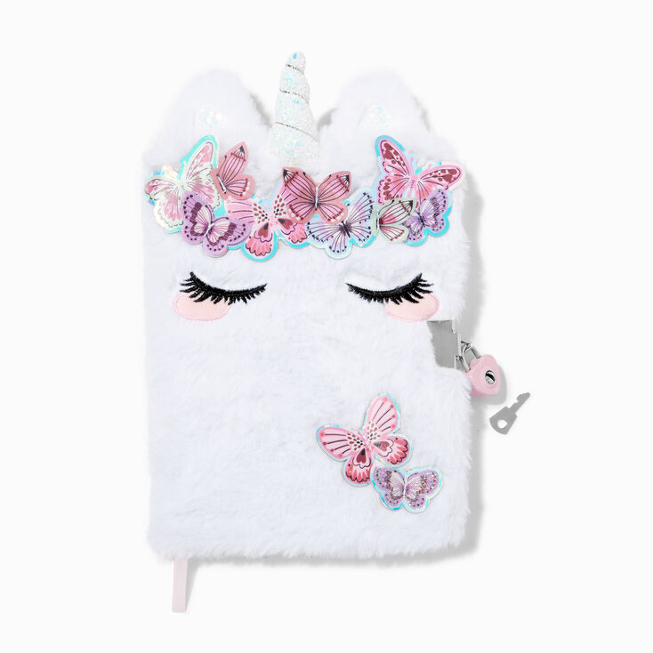 Journal intime &agrave; cadenas en peluche blanc licorne papillon,