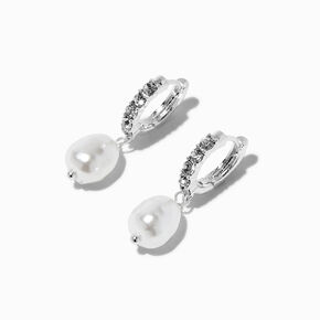 Silver-tone 10MM Pearl Crystal Huggie Hoop Earrings,