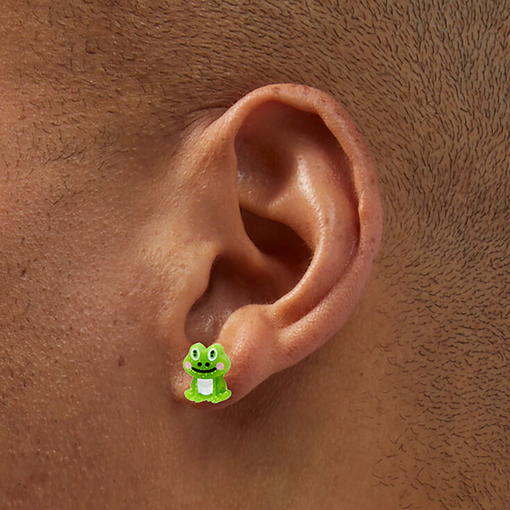 Clous d&#39;oreilles grenouille &agrave; tige couleur argent&eacute;e,