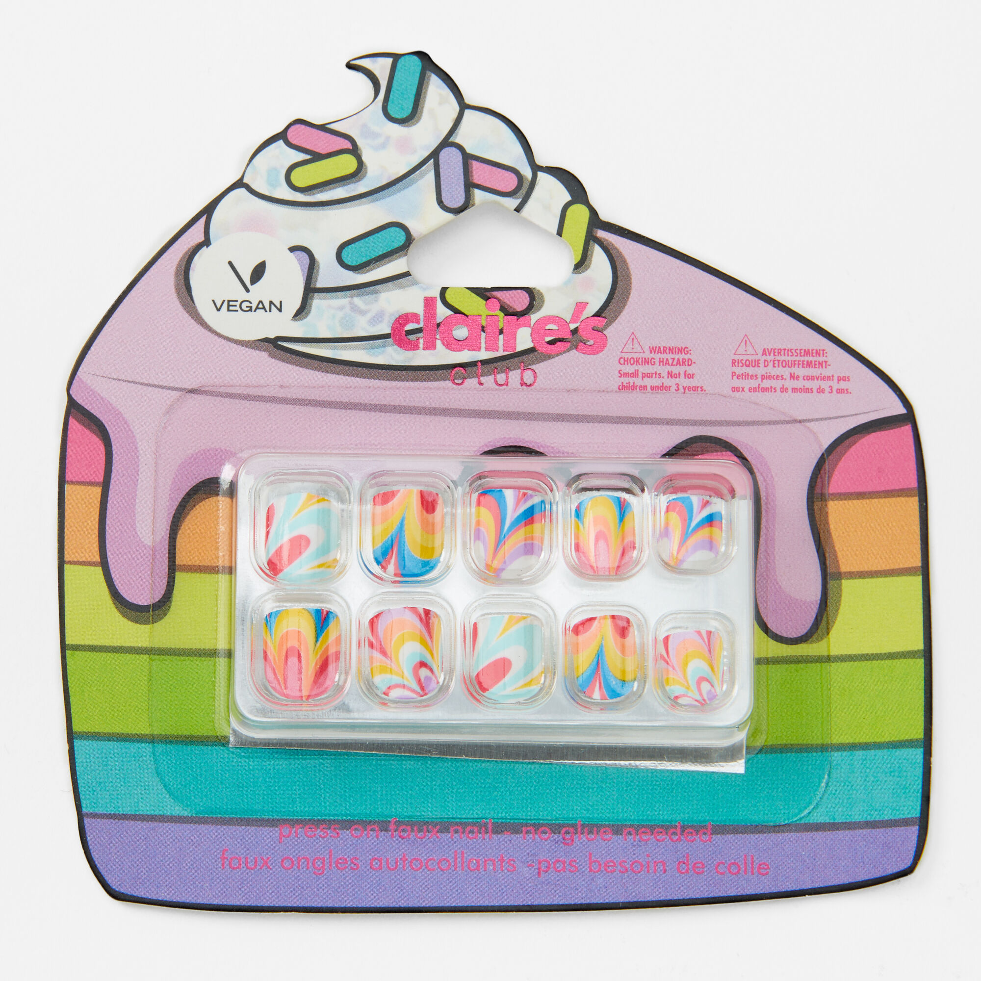 Claire's Club Rainbow Cake Vegan Press On Faux Nail Set (10 pack),