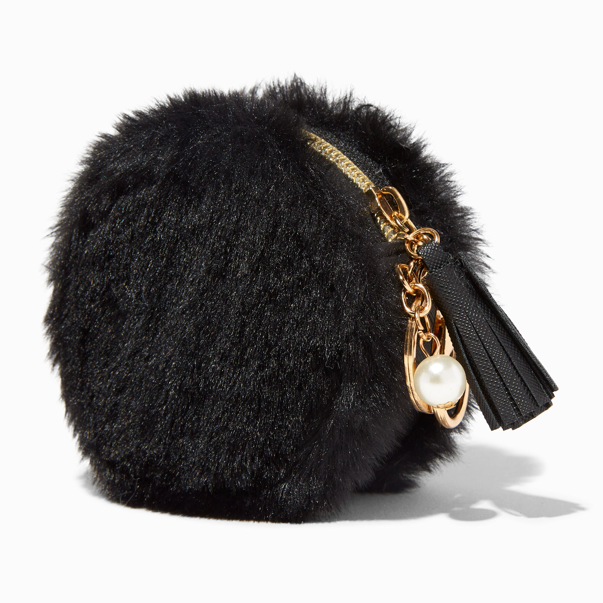 Black Furry Pearl Initial Coin Purse Keyring A