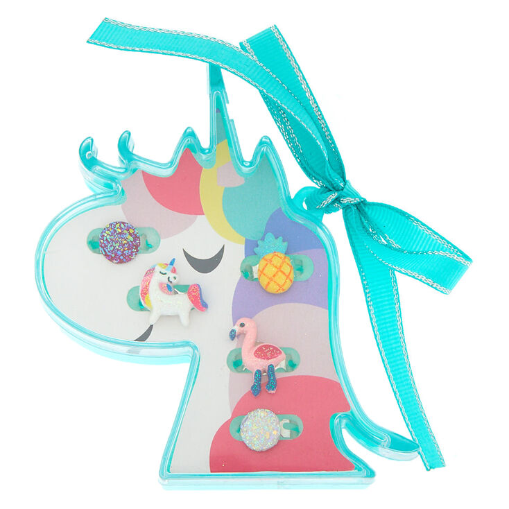 Claire's Lot de 5 bagues à breloques vert menthe motif licorne en coffret du Claire's Club