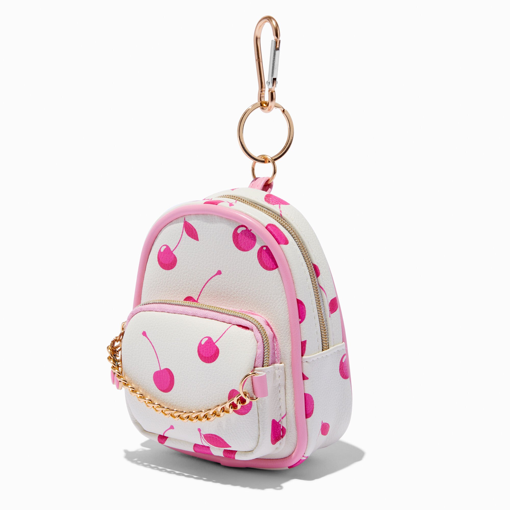 Pink Cherry White Mini Backpack Keyring,