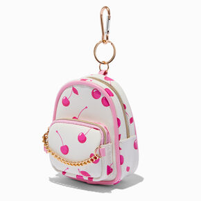 Pink Cherry White Mini Backpack Keychain,