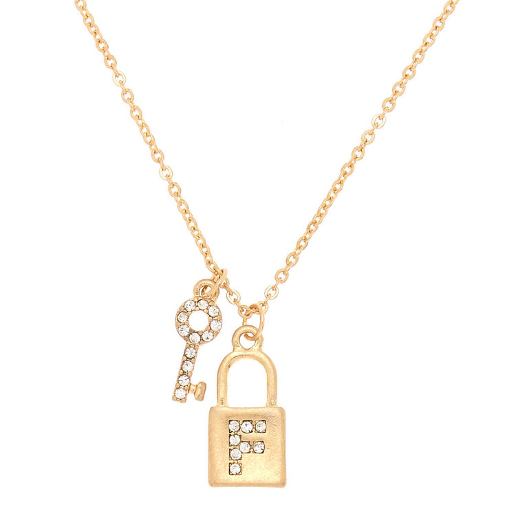 Claire's Collier à pendentif cadenas et clé couleur doré avec initiale - F