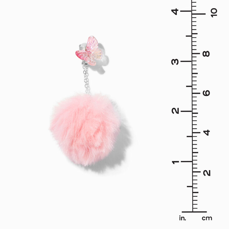 Pink Butterfly Pom Pom 2&quot; Clip-On Drop Earrings,