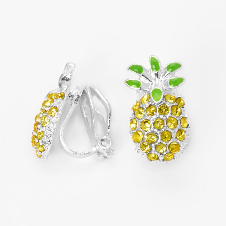 Silver Crystal Pineapple Clip On Stud Earrings - Yellow,