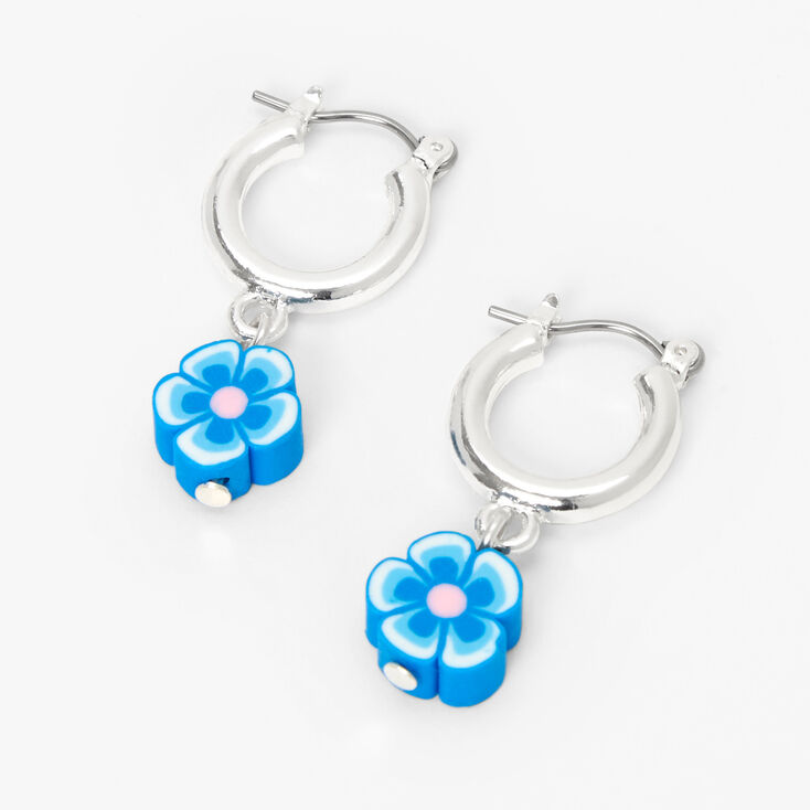 Silver Flower Hinge Drop Earrings - Blue,