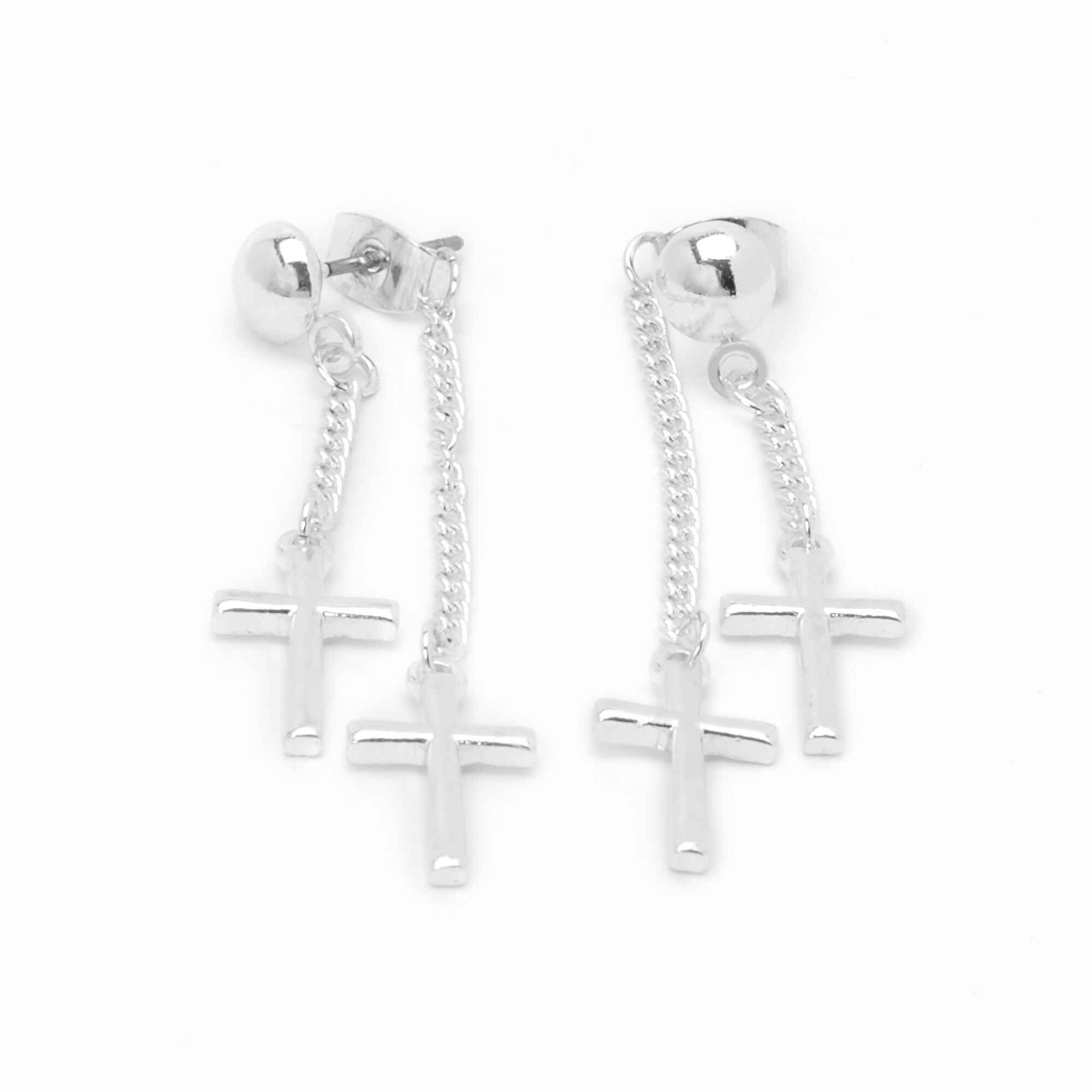 Silver cross top drop earrings