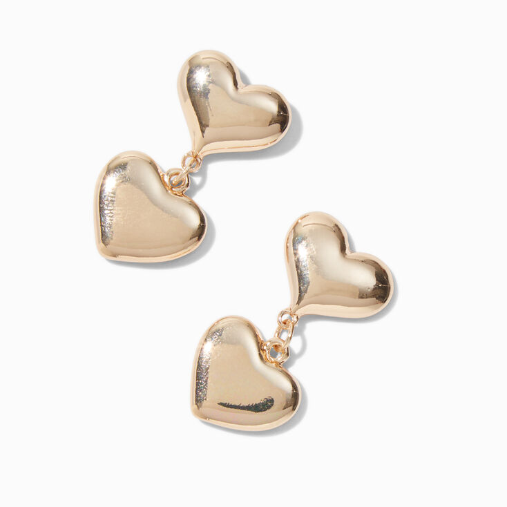 Gold-tone Puffy Double Heart Drop Earrings,