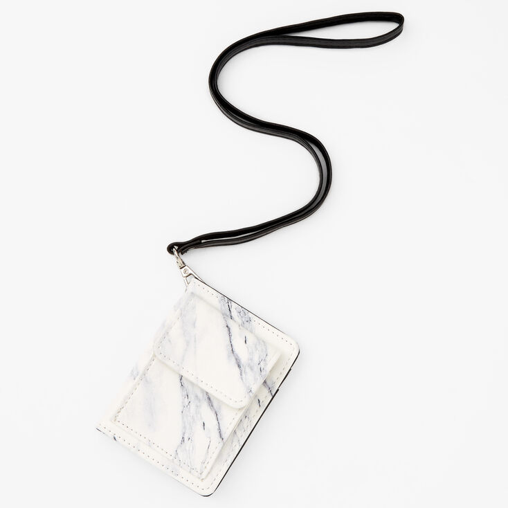 Black &amp; White Marble Wallet with Lanyard,