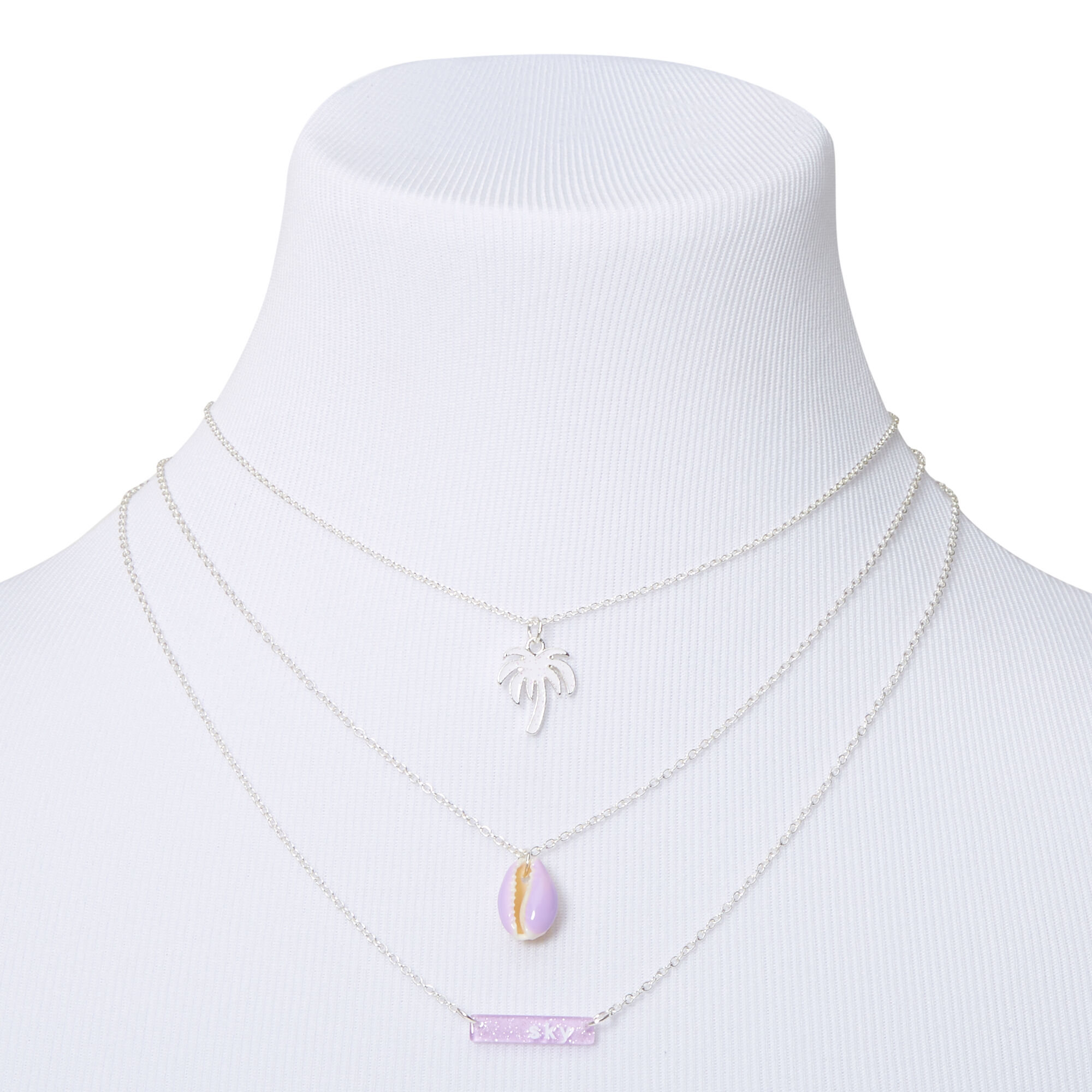Sky Brown™ Silver Palm Tree Multi Strand Choker Necklace – Lilac, 3 Pack,