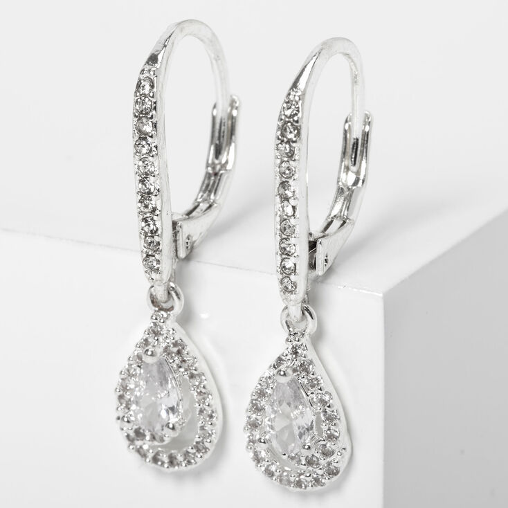 Silver 2.5&quot; Cubic Zirconia Teardrop Lever Drop Earrings,