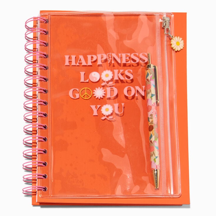 Carnet &agrave; spirales Happiness avec &eacute;tui &agrave; stylos,