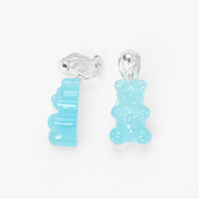 Blue 0.5&quot; Glow In The Dark Gummy Bear Clip On Drop Earrings,
