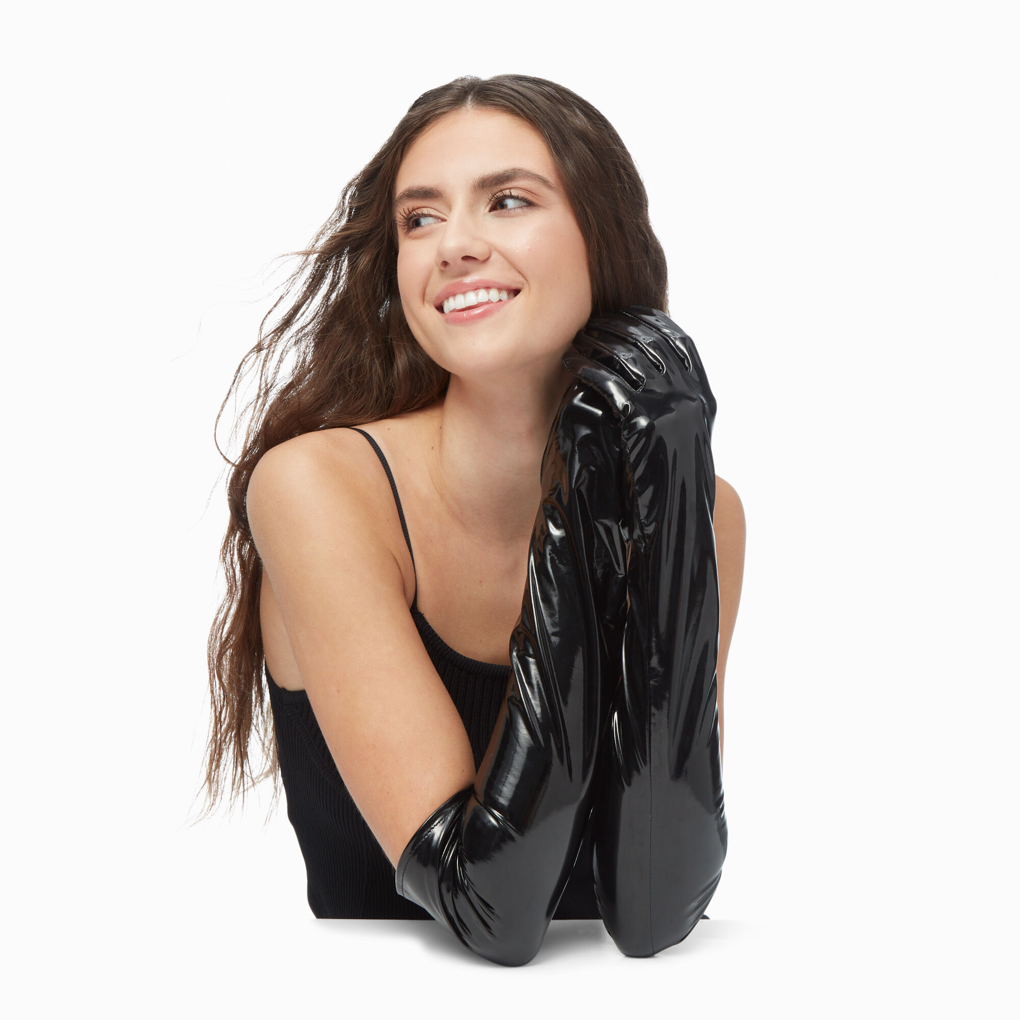 View Claires Patent Faux Leather Long Gloves Black information