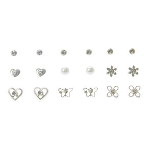 9 Pack Silver-tone Floral, Pearl &amp; Crystal Stud Earrings,