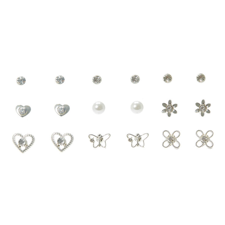 9 Pack Silver-tone Floral, Pearl &amp; Crystal Stud Earrings,