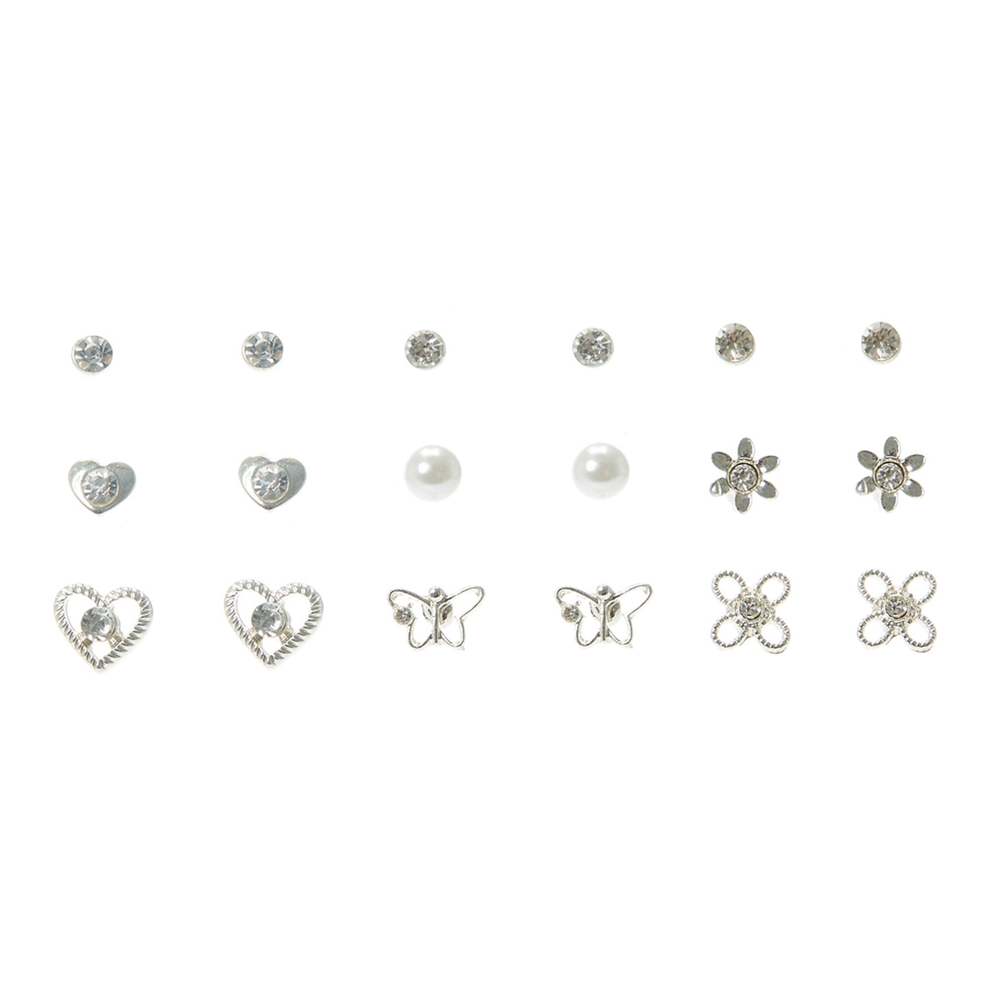 View Claires 9 Pack Tone Floral Pearl Crystal Stud Earrings Silver information